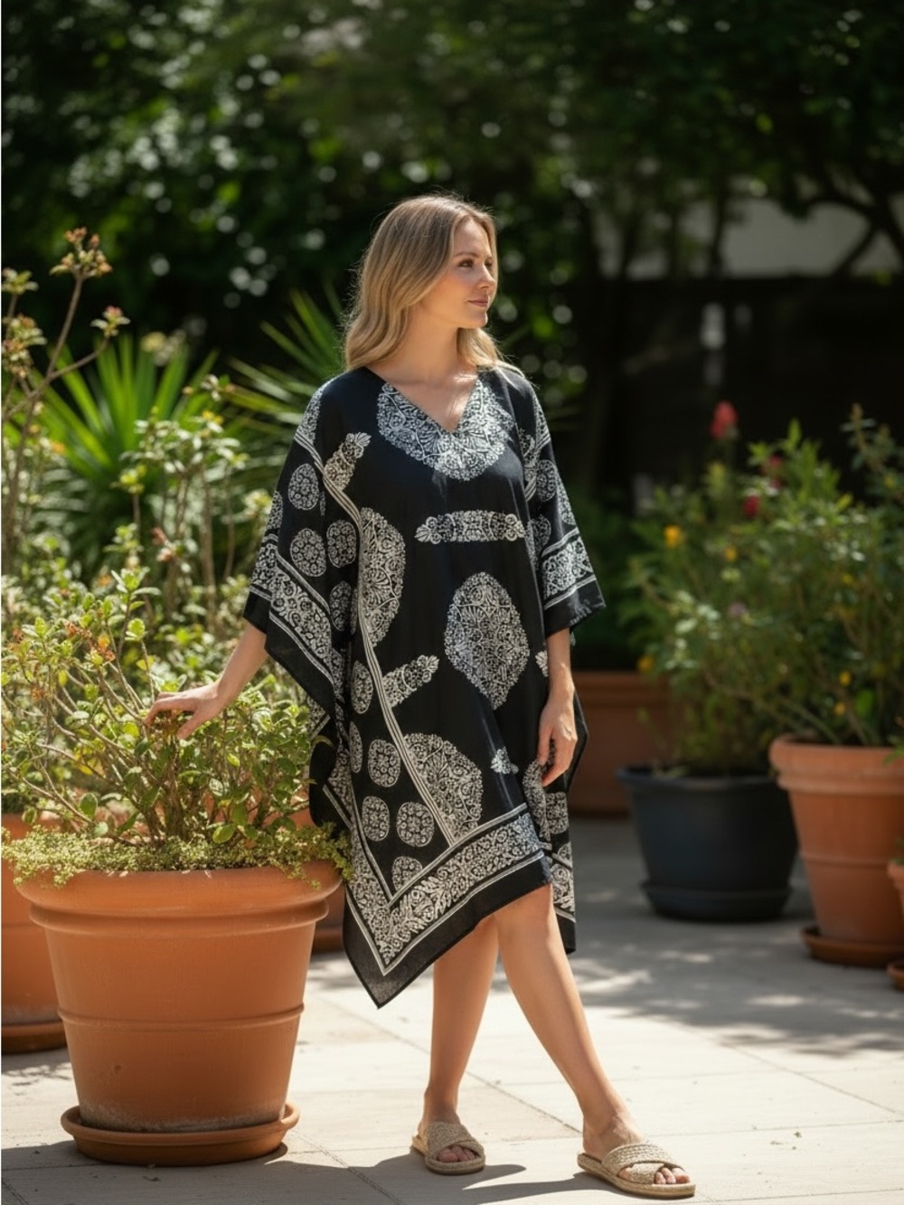 Black & White Printed Swim Coverup Tunic - Easy Beach Kaftan